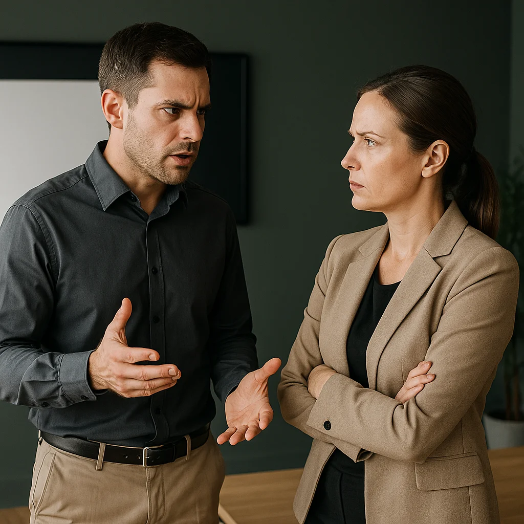 Twee collega’s in een gespannen gesprek, met serieuze gezichtsuitdrukkingen en duidelijke lichaamstaal.