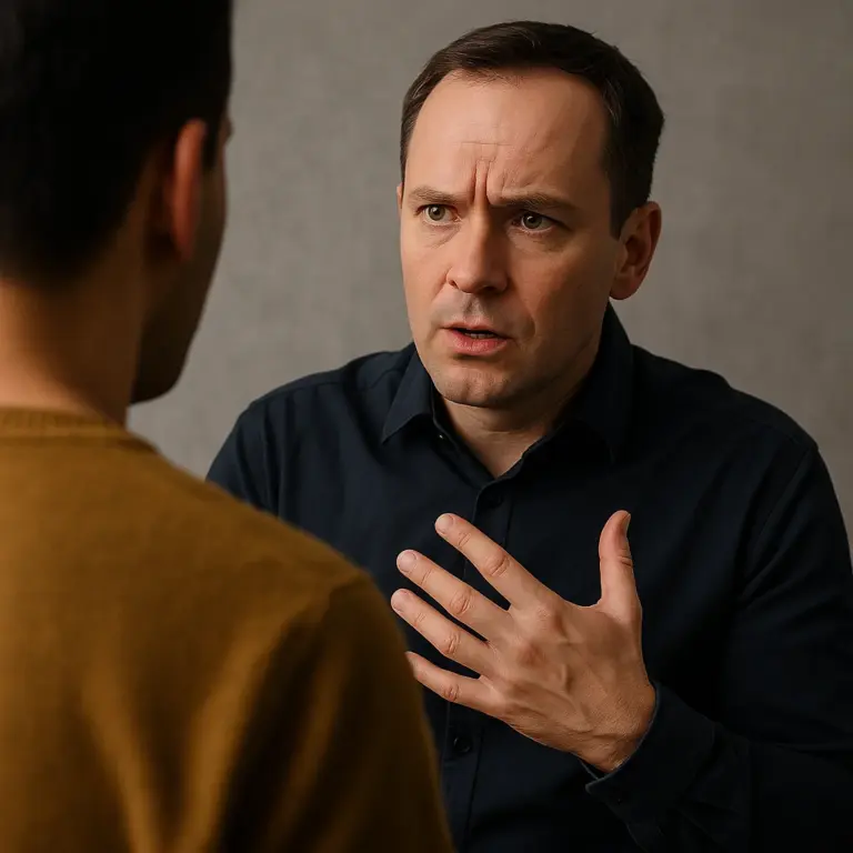 Man in gesprek legt hand op borst en toont serieuze gezichtsuitdrukking tijdens intensieve dialoog.