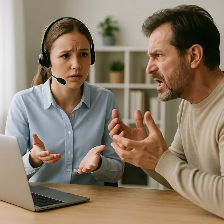Medewerker met headset in gesprek met boze klant, zichtbaar gespannen achter een bureau met laptop.