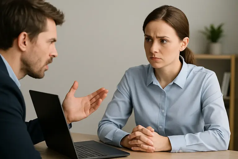 Training gesprek tussen medewerker en klant met zichtbare spanning in een zakelijke setting.