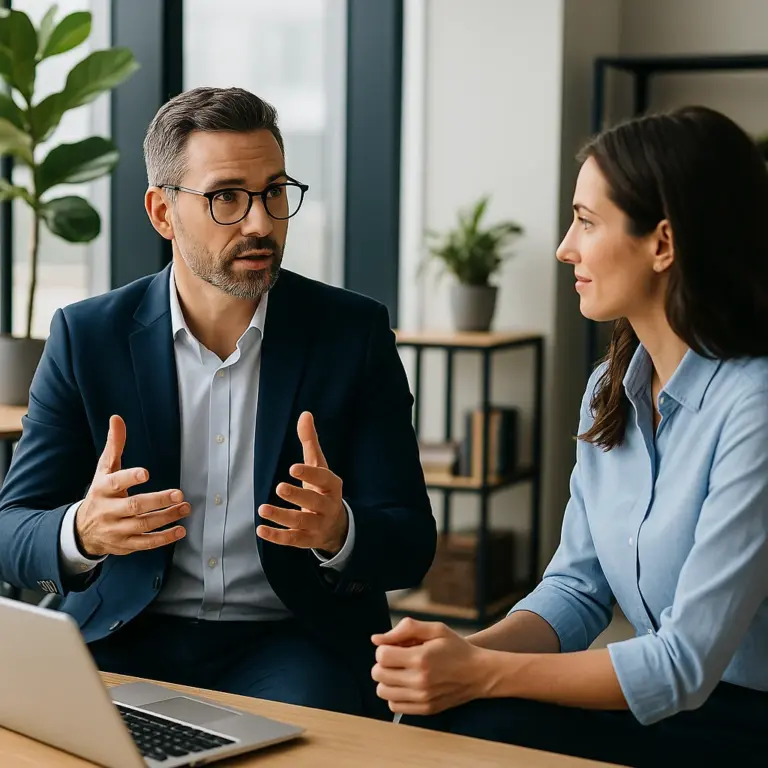 Twee professionals in gesprek in een modern kantoor, een man in pak en een vrouw in zakelijke kleding luisteren aandachtig naar elkaar.