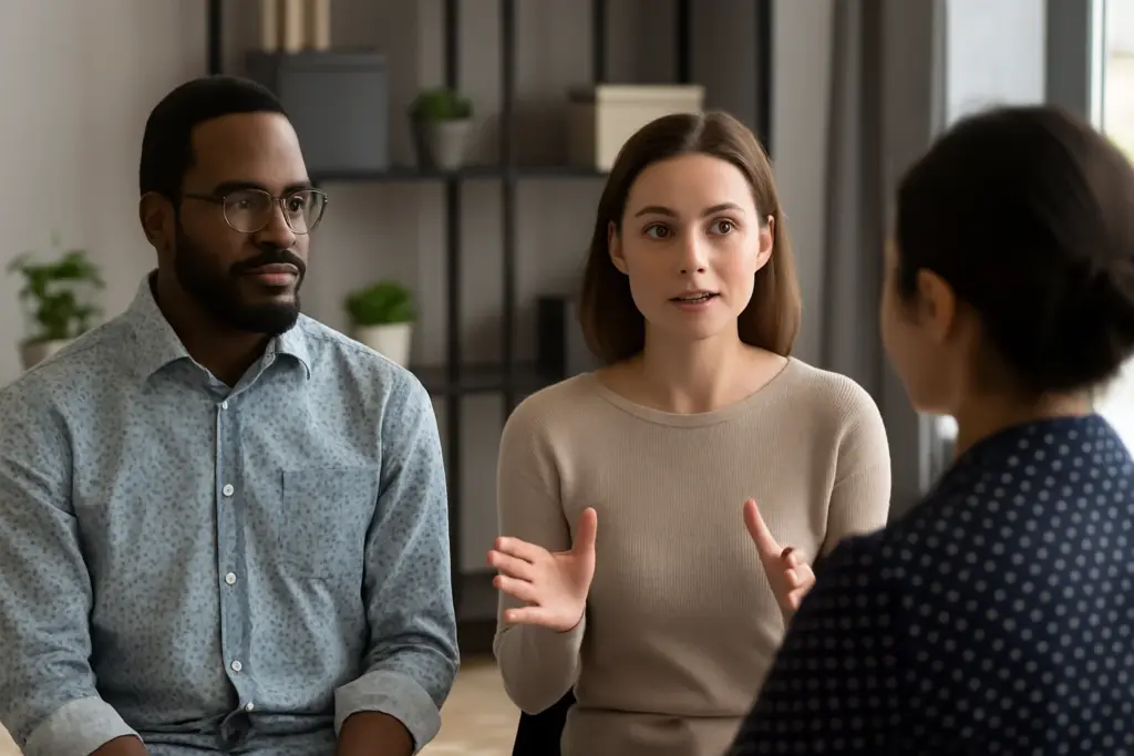 Drie professionals voeren een open feedbackgesprek in een moderne kantooromgeving