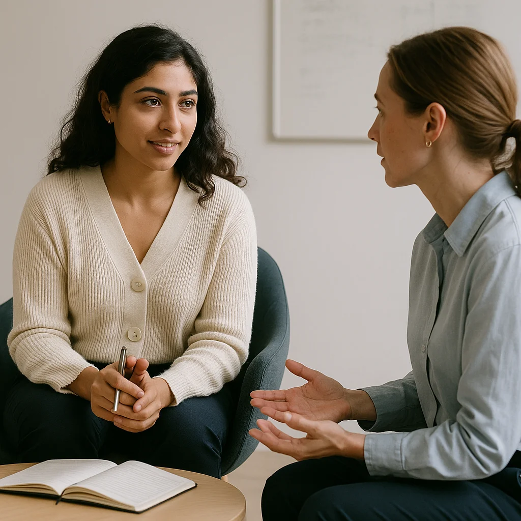 Twee vrouwelijke collega’s in gesprek tijdens feedbacksessie op kantoor