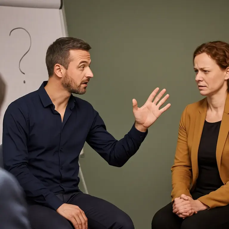 Twee professionals in rollenspel tijdens een trainingssessie met flip-over op achtergrond