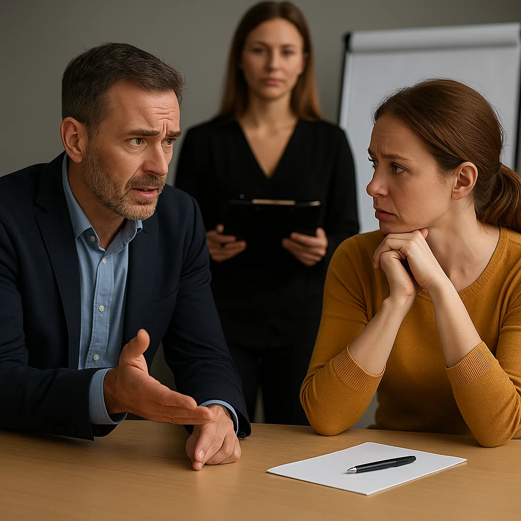 Trainingsacteur in gesprek met deelnemer tijdens oefensessie, begeleid door trainer