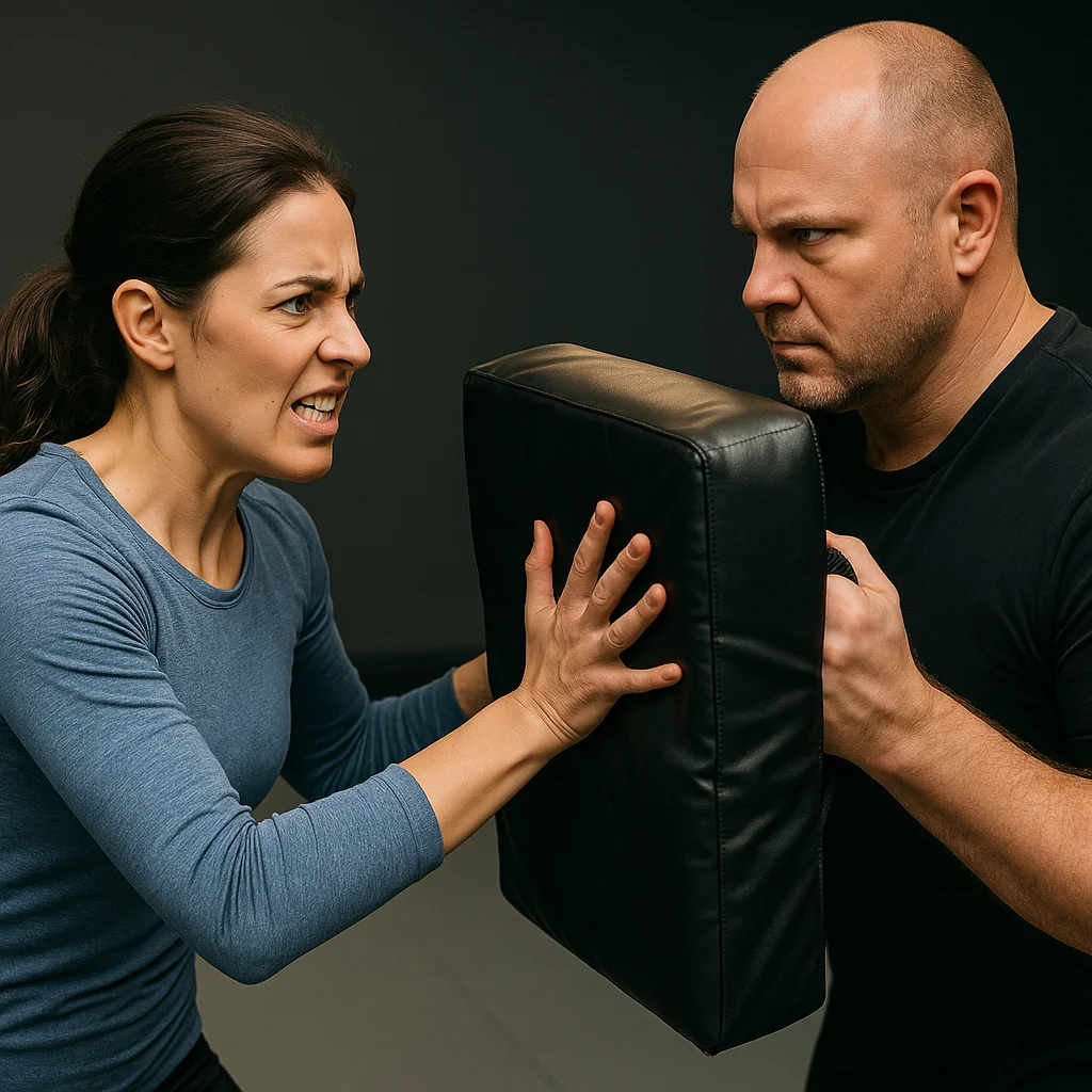 Vrouw oefent met kracht tegen stootkussen tijdens weerbaarheidstraining onder begeleiding van trainer.