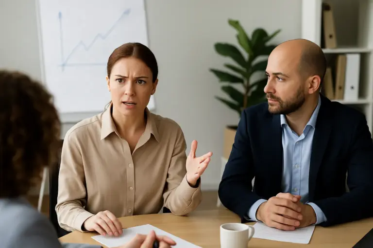 Twee collega’s in gesprek tijdens een intensieve discussie in een moderne kantoorruimte, waarbij weerbaarheid centraal staat.