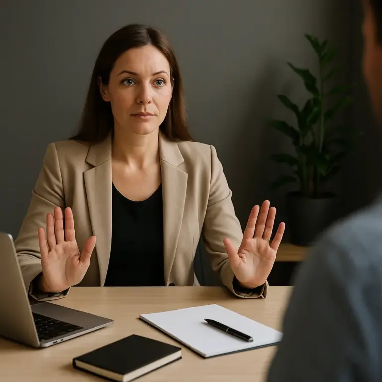 Zakelijke vrouw maakt met open handgebaren duidelijk haar grenzen tijdens een gesprek.