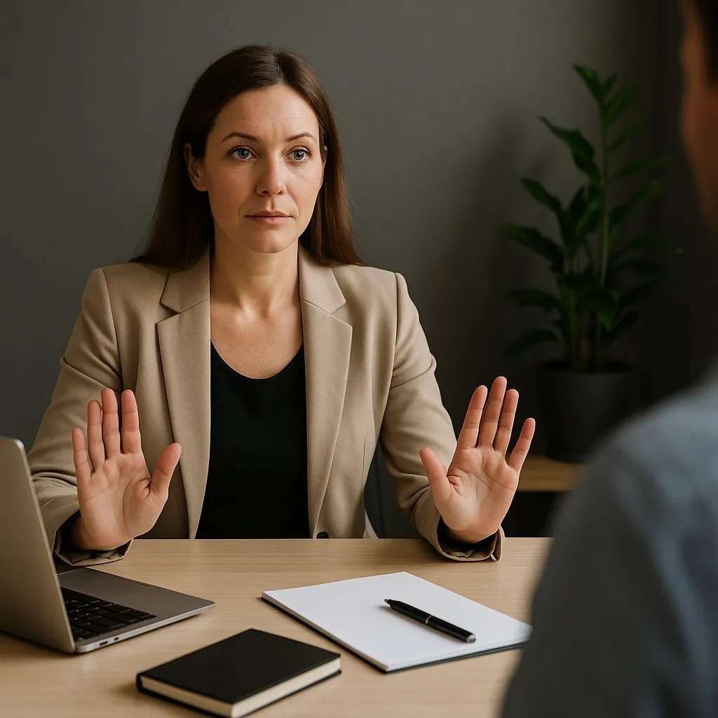 Zakelijke vrouw maakt met open handgebaren duidelijk haar grenzen tijdens een gesprek.