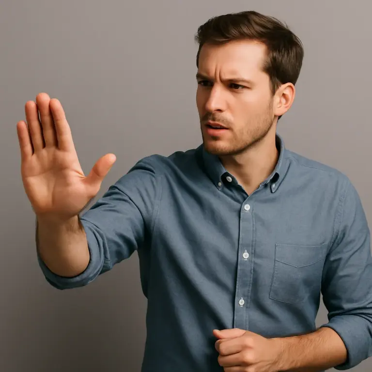 Man in blauwe overhemd steekt hand naar voren in assertief gebaar tegen grijze achtergrond.