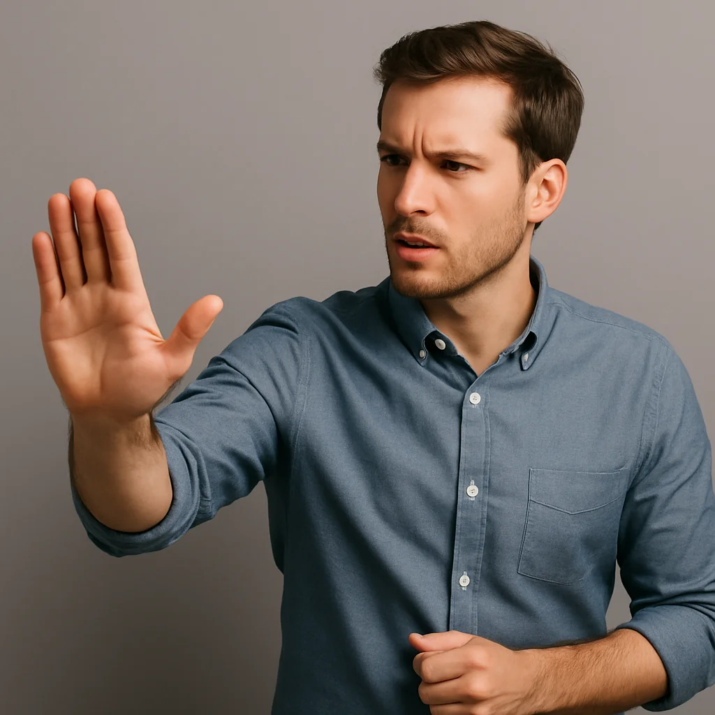 Man in blauwe overhemd steekt hand naar voren in assertief gebaar tegen grijze achtergrond.