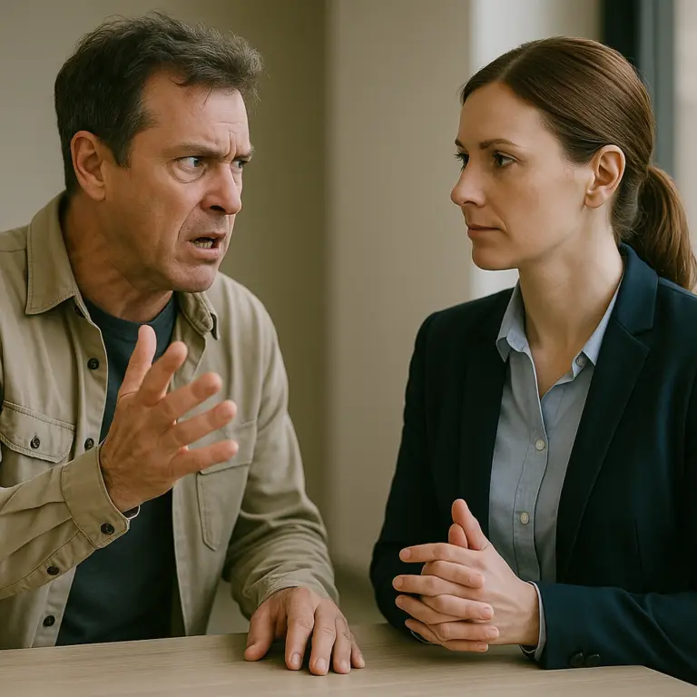 Een boze man maakt een heftig gebaar terwijl een vrouw in pak kalm en professioneel reageert tijdens een gesprek aan tafel.