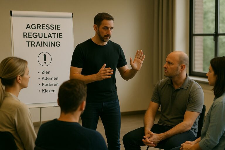Trainer legt technieken uit tijdens een agressieregulatie-training aan een kleine groep deelnemers in een rustige trainingsruimte.