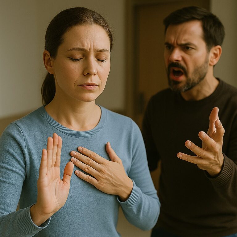 Vrouw blijft kalm met gesloten ogen en open hand terwijl een boze man achter haar schreeuwt.