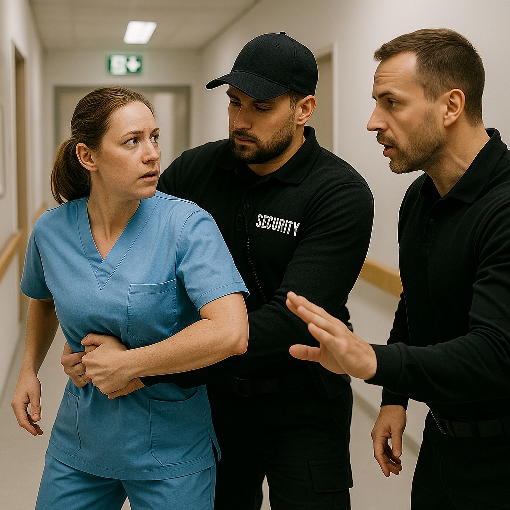 Beveiliger houdt een zorgmedewerker tegen in een ziekenhuisgang terwijl een collega rustig instructies geeft tijdens een veiligheidstraining.