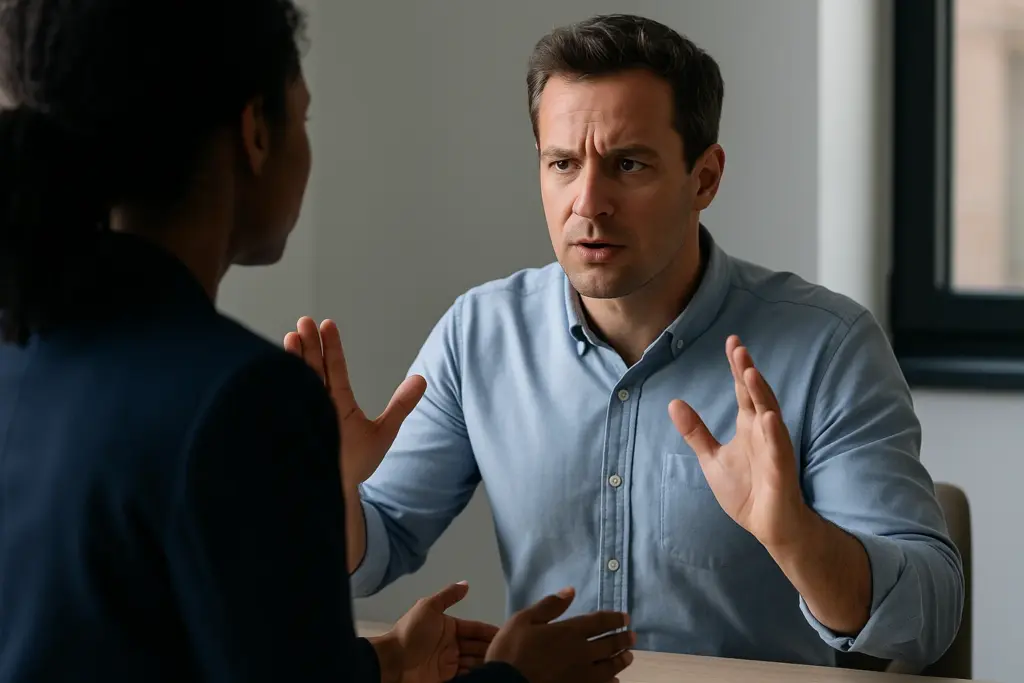 Medewerker blijft kalm tijdens een gespannen gesprek op de werkvloer.