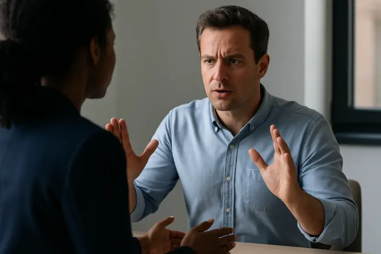 Medewerker blijft kalm tijdens een gespannen gesprek op de werkvloer.