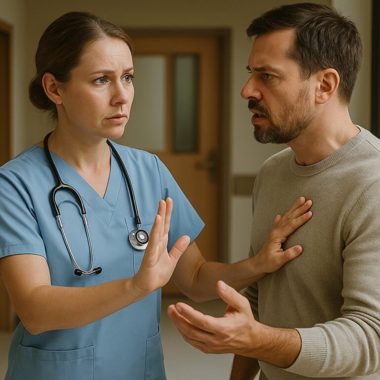 Verpleegkundige blijft kalm terwijl zij met open hand een boze patiënt in gesprek begrenst in een ziekenhuisgang.