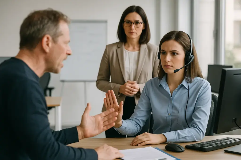 Medewerker met headset blijft kalm tijdens een gespannen gesprek met klant aan de balie.