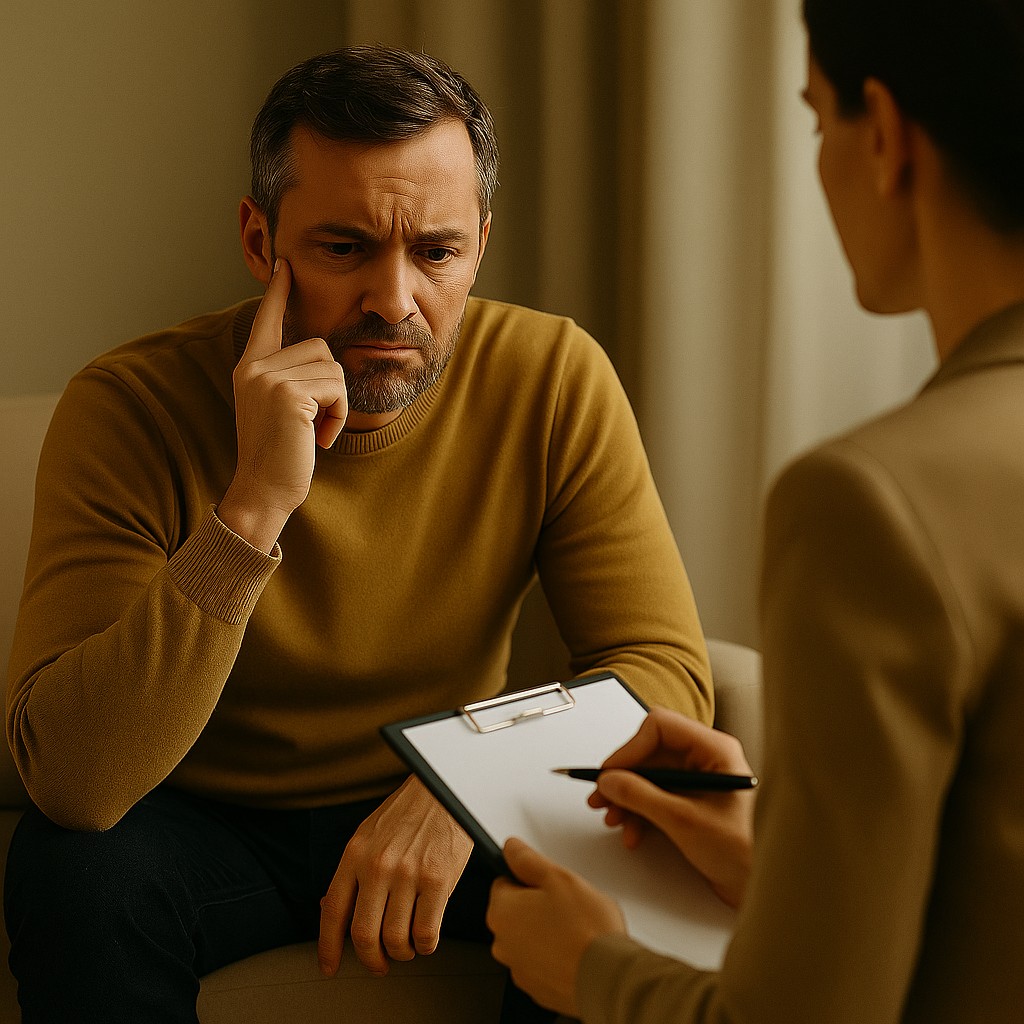 Man in gesprek met therapeut, diep in gedachten terwijl hij luistert naar advies.