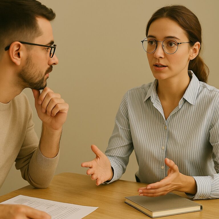 Twee collega's voeren een rustig gesprek aan een houten tafel, waarbij de vrouw met bril haar handen gebruikt om iets uit te leggen terwijl de man aandachtig luistert.