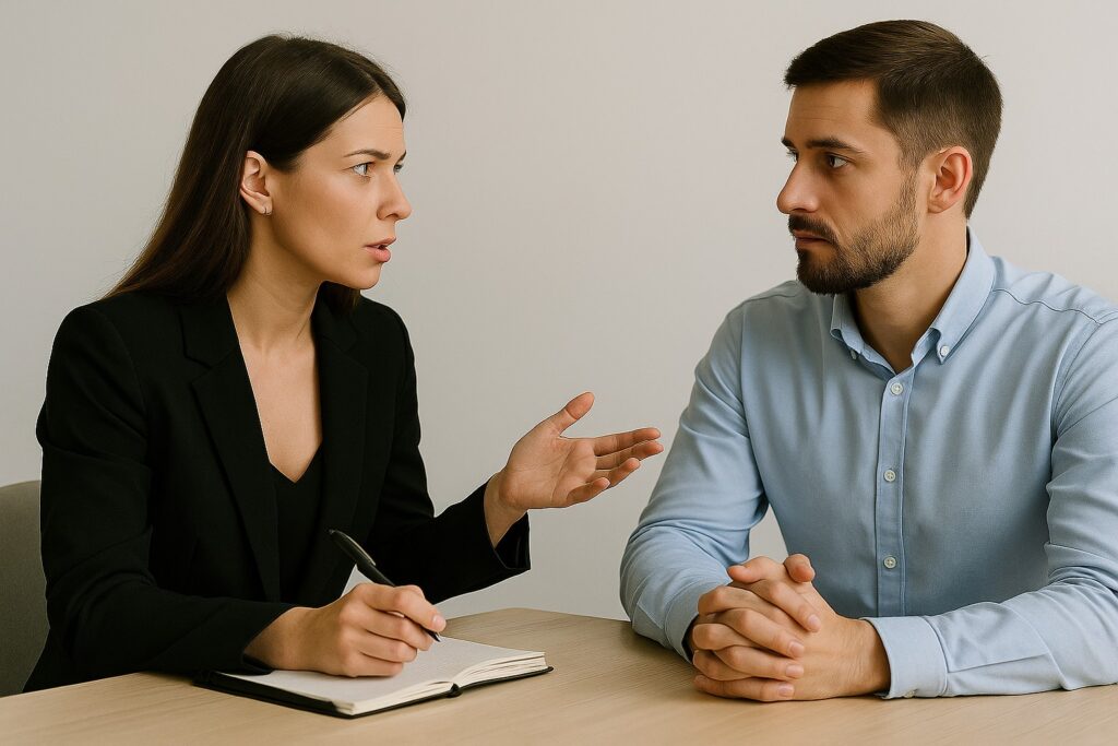 Vrouw in zakelijk gesprek met man aan tafel, met notitieboek en pen in de hand.