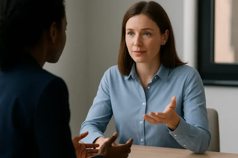 Collega geeft op rustige toon feedback tijdens een gesprek.
