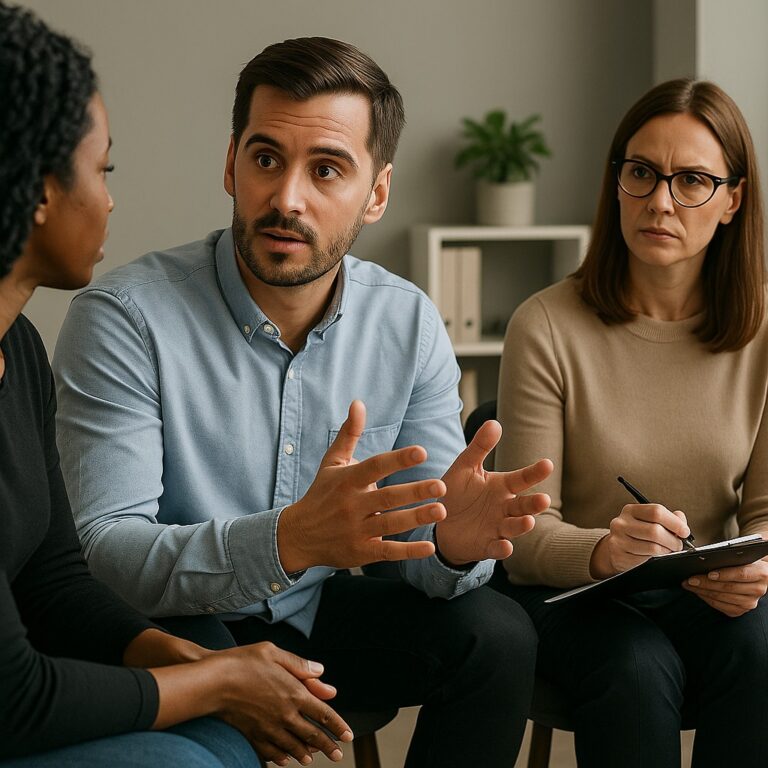 Drie mensen voeren een rustig en geconcentreerd gesprek tijdens een professionele communicatietraining in een moderne kantoorruimte.
