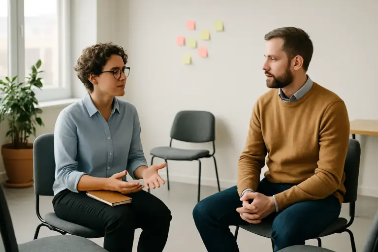 Twee mensen voeren een rustig gesprek in een lichte kantoorruimte.