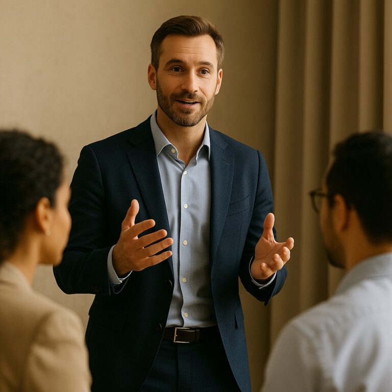 Man in pak spreekt met team tijdens een professionele training in kantooromgeving.