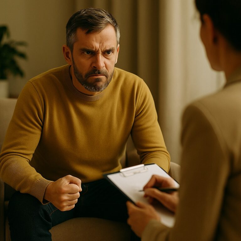 Boze man in gesprek met therapeut terwijl hij zijn vuist balt tijdens een sessie.