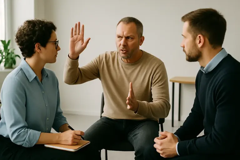 Drie mensen voeren een intens gesprek in een trainingsruimte.
