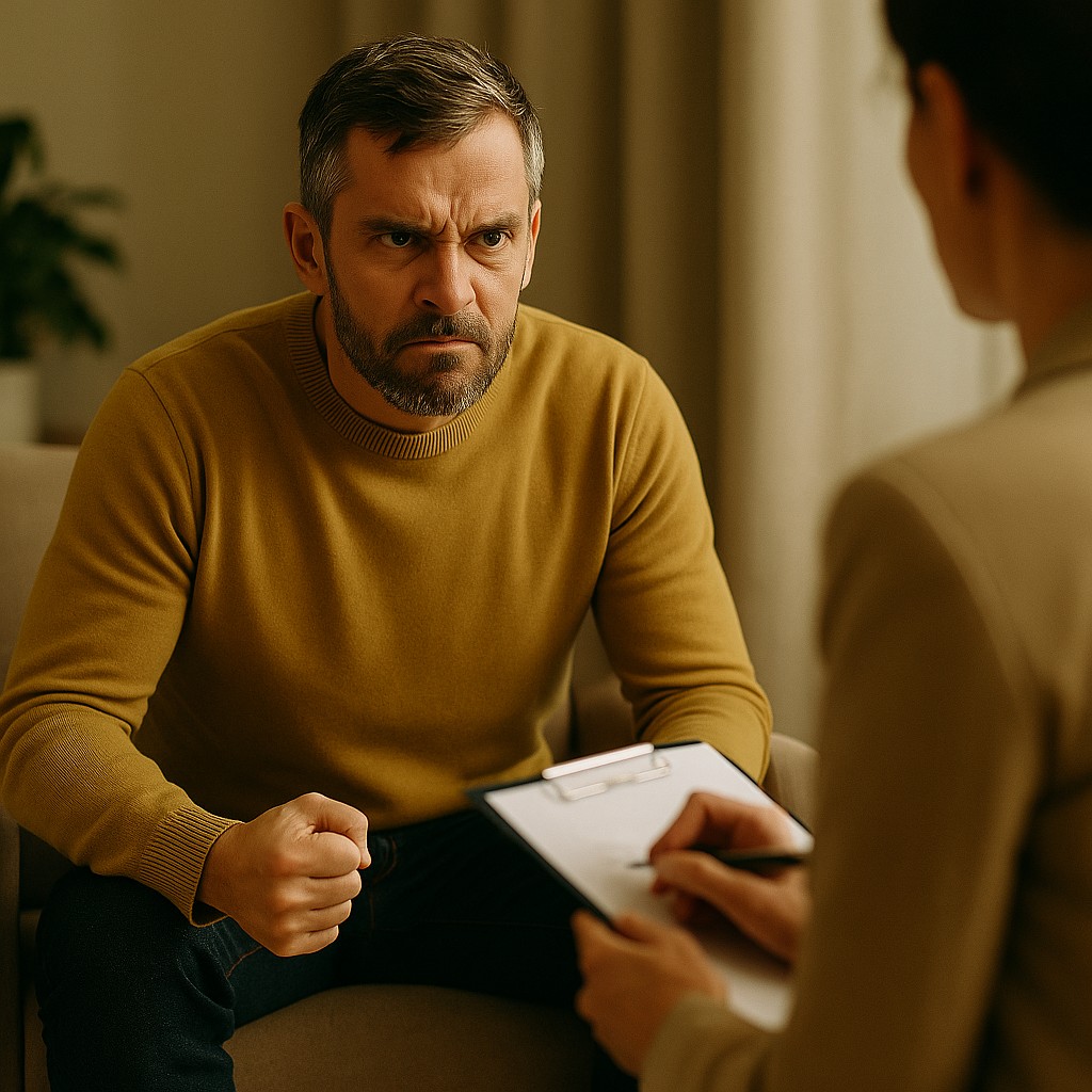 Boze man in gesprek met therapeut terwijl hij zijn vuist balt tijdens een sessie.