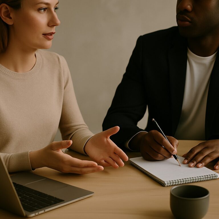 Een vrouw legt iets uit aan een man die notities maakt tijdens een professioneel gesprek aan een tafel met een laptop en een koffiekopje.