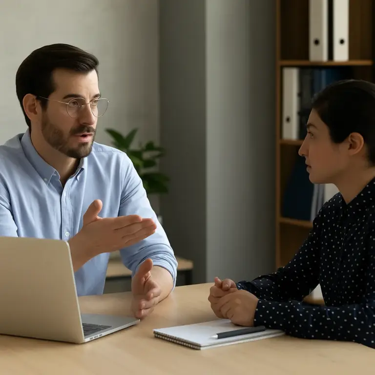 Twee collega’s voeren een gesprek aan een houten tafel in een moderne kantooromgeving.