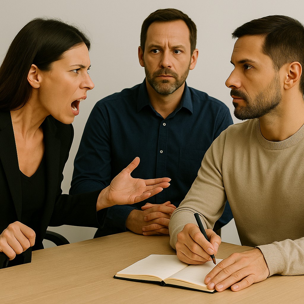 Boze vrouw spreekt fel tijdens een zakelijke discussie, terwijl twee mannen rustig luisteren aan tafel.