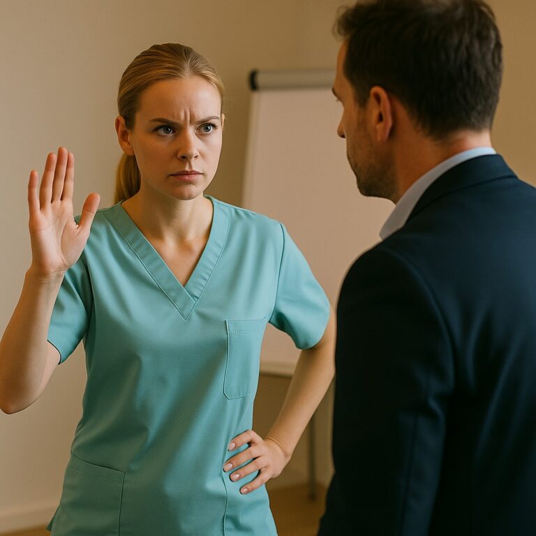 Zorgprofessional in groene scrubs houdt kalm een hand omhoog tijdens een assertief gesprek met een man in pak.