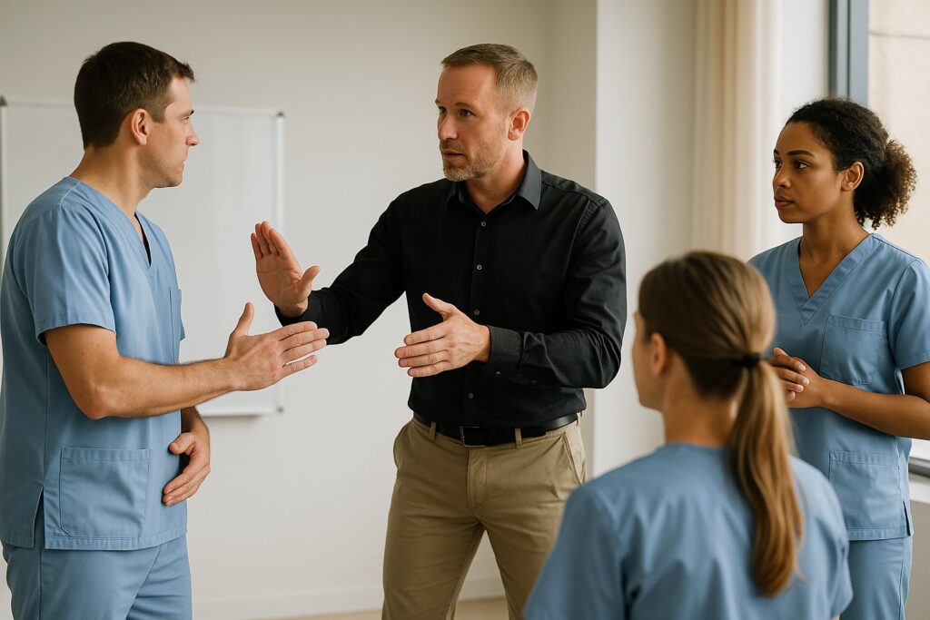 Trainer demonstreert de-escalatietechnieken aan zorgprofessionals tijdens een agressieregulatie training.