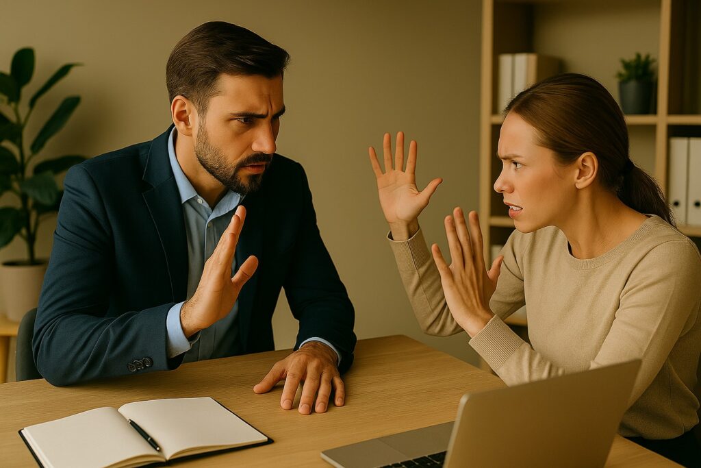 Two professionals in a tense discussion at an office desk, using open hand gestures to manage disagreement.