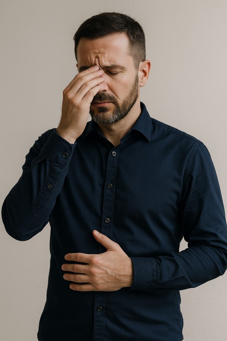 Man in donkerblauw overhemd met hand op gezicht en borst, zichtbaar gespannen of nadenkend.