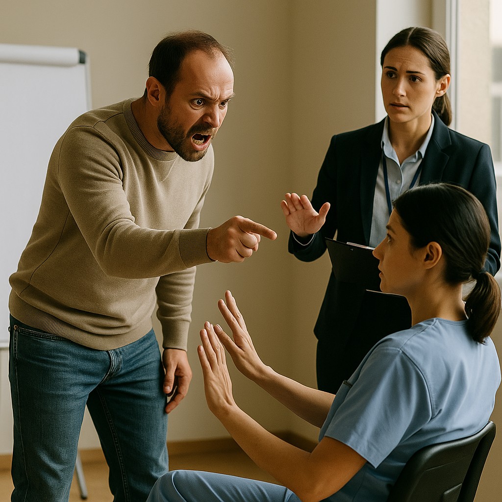 Boze man confronteert zorgmedewerker terwijl trainer tussenbeide komt tijdens agressietraining