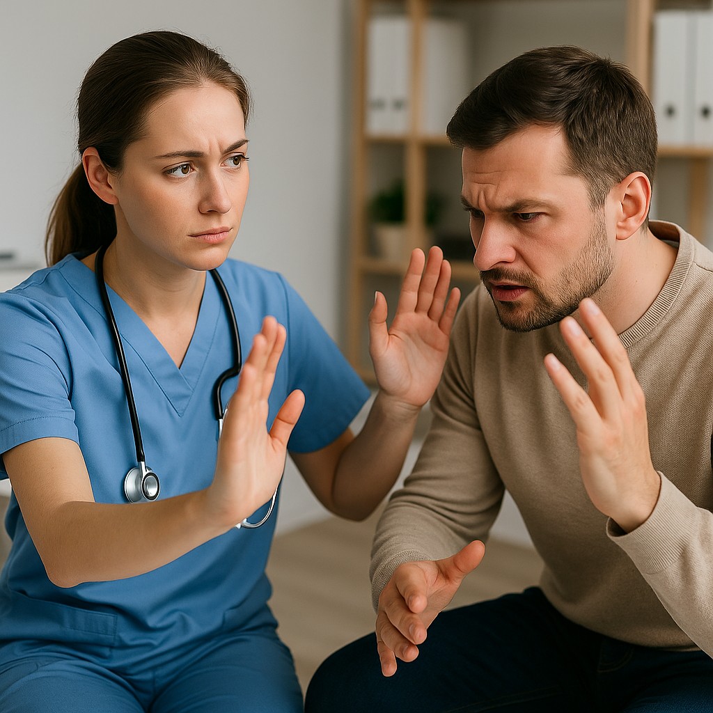 Zorgmedewerker blijft rustig tijdens gespannen gesprek met cliënt.