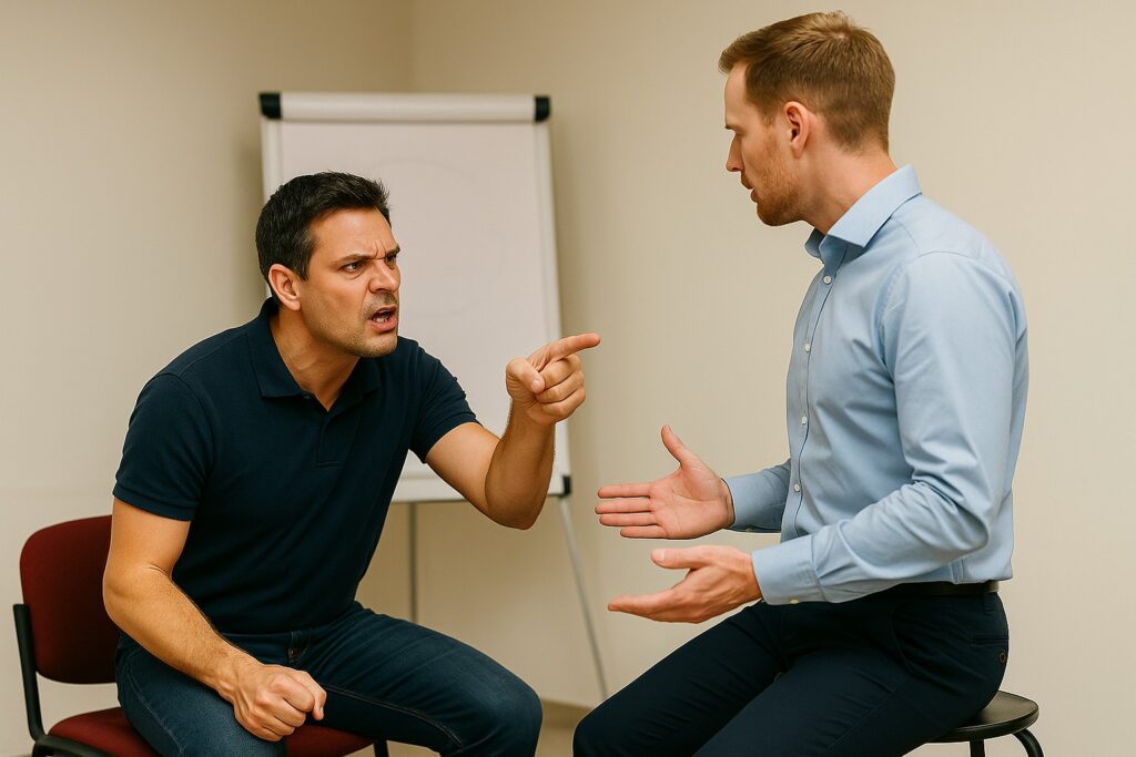 Twee mannen in een kantooromgeving voeren een intens gesprek; één man zit en wijst boos, terwijl de ander rustig antwoordt en probeert te kalmeren.