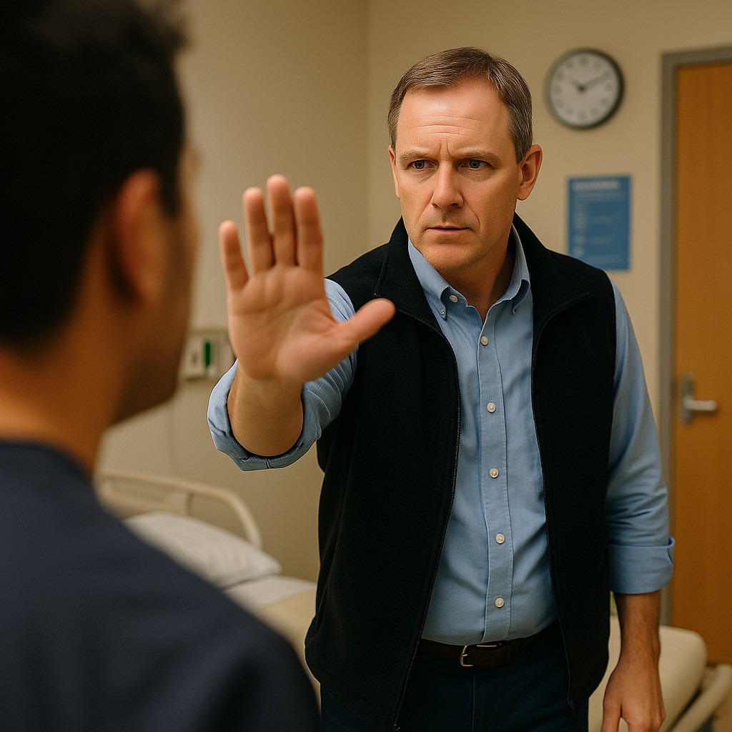 Trainer demonstreert kalme handbeweging om spanning te de-escaleren tijdens agressietraining.