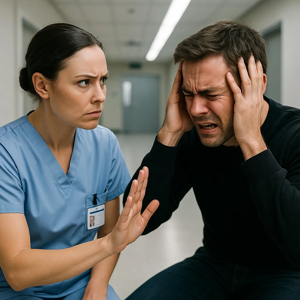 Nurse de-escalates stressed male patient in a hospital hallway with a calm hand gesture.