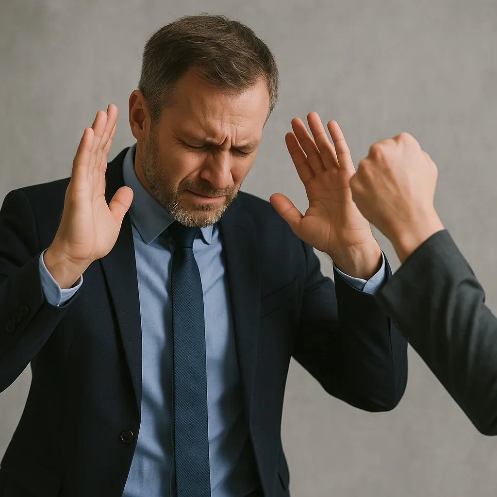 Zakelijke man dekt zich beschermend in bij dreigende vuist tijdens agressief conflict.