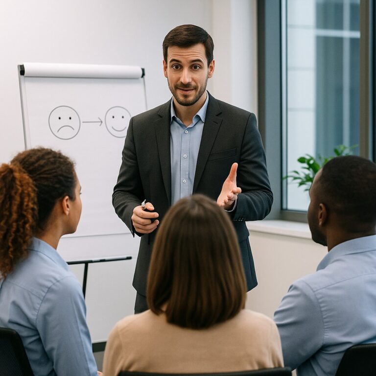 Trainer geeft professionele communicatietraining aan een groep medewerkers in een kantoorruimte.