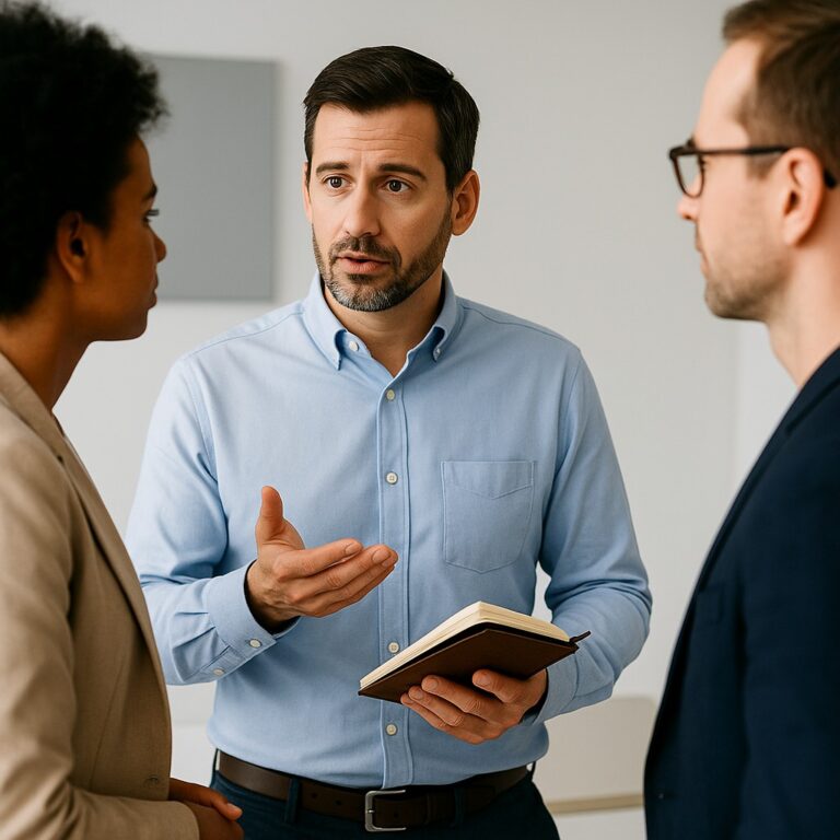 Een man in een lichtblauw overhemd praat rustig met twee collega’s in een moderne kantooromgeving.