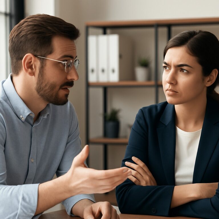 Twee collega’s in een serieus gesprek, waarbij de man iets uitlegt en de vrouw met een gespannen, kritische blik luistert.