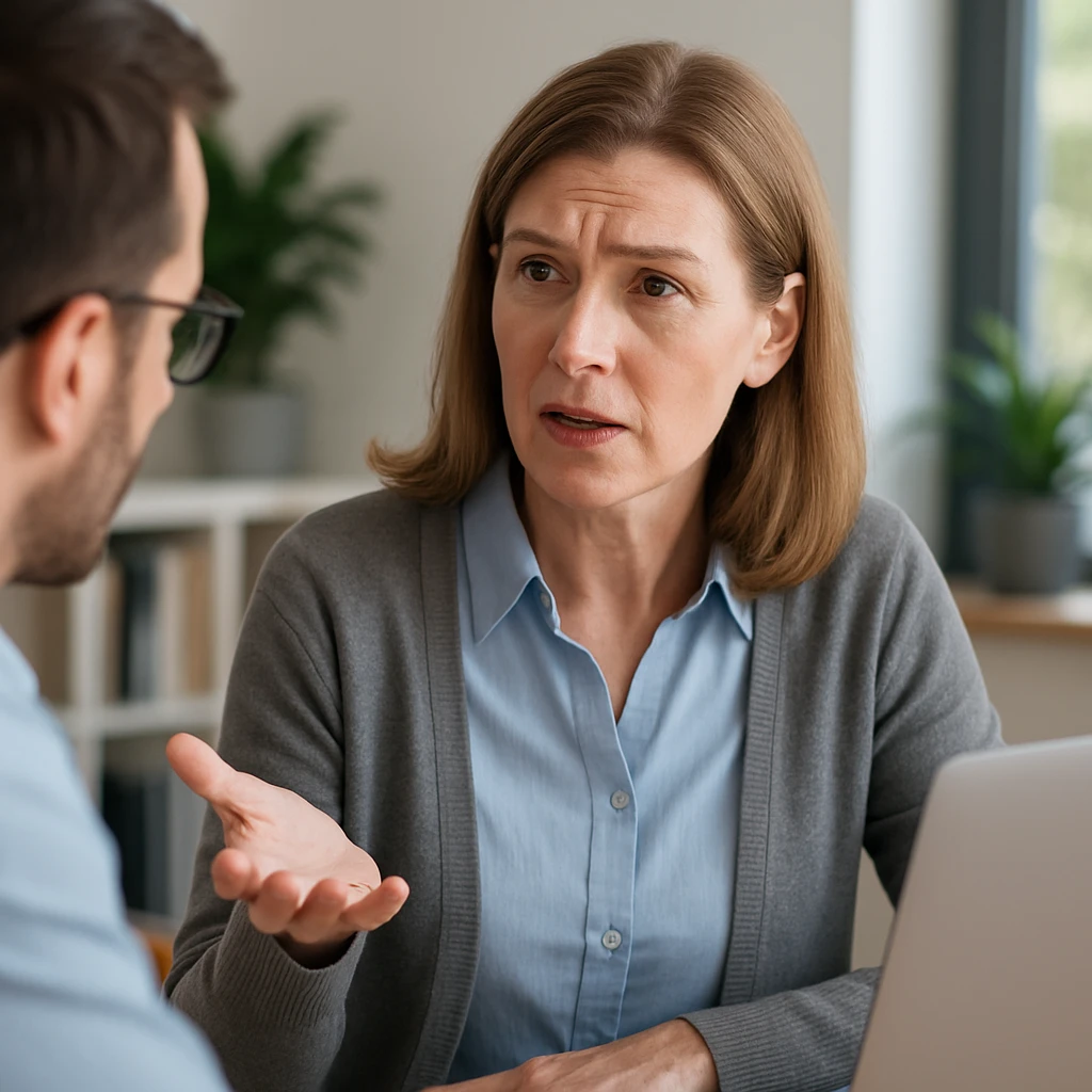 Vrouw voert een serieuze één-op-één gesprek met een man tijdens een consult.